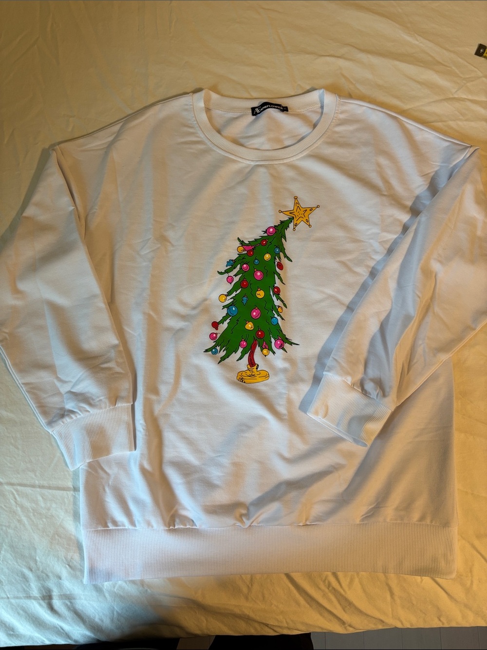 APR Flowers—White Crewneck Sweatshirt with Green Holiday Tree Graphic